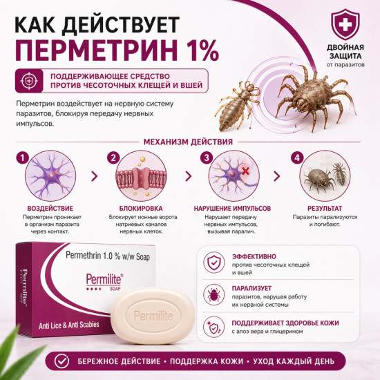 Пермилайт мыло с перметрином 1%, алоэ вера и глицерином для ухода при чесотке и вшах