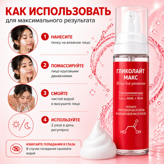 Пенка для умывания от прыщей и черных точек Гликолайт Макс с гликолевой кислотой 6% и салициловой кислотой 2%