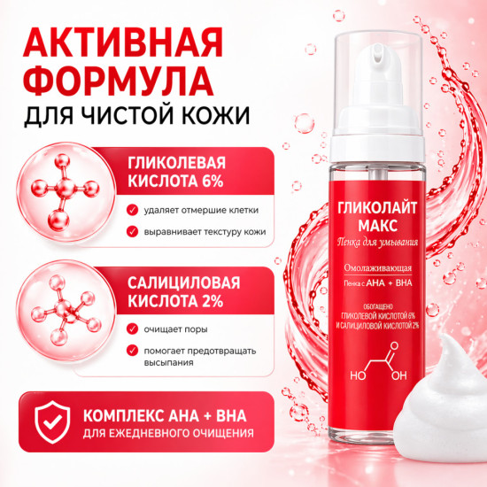 Пенка для умывания от прыщей и черных точек Гликолайт Макс с гликолевой кислотой 6% и салициловой кислотой 2%