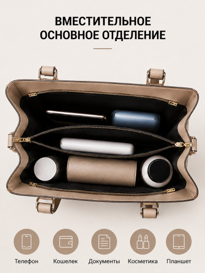 Сумка женская классическая с ручками и длинным ремнем, с кошельком, ,бежевая