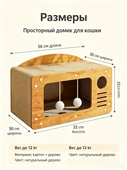 Домик для кошки с когтеточкой 56 см