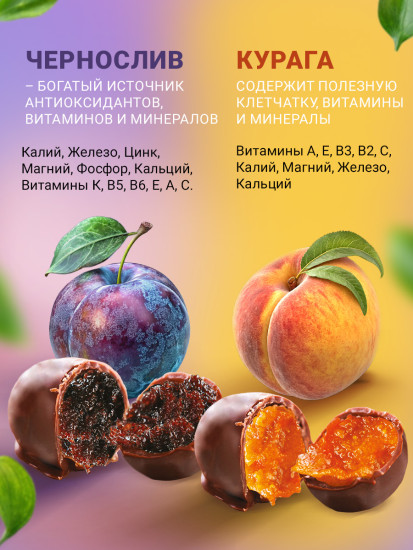 Конфеты в шоколаде «Сухофрукты без сахара. Чернослив и курага»