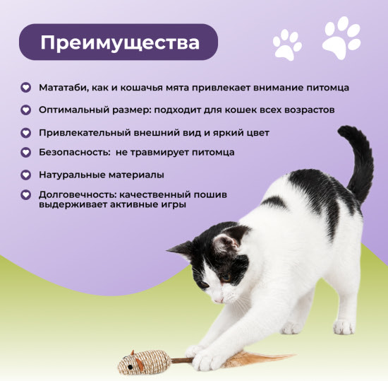 Игрушка для кошек плетёная «Мышка на палочке» с перьями и мататаби Naturalness