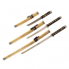 Катаны сувенирные 3 в 1 на подставке, бежевые ножны, узоры с драконом - Фото 1