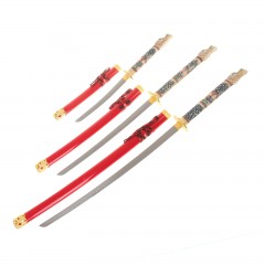 Катаны сувенирные 3 в 1 на подставке, красные ножны, рукоять под слоновую кость, голова дракона - Фото 2