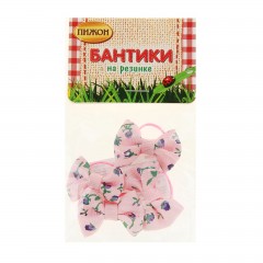 Бантик розовый с цветами на латексной резинке, 3,5 х 2,5 см, набор 4 шт - Фото 1