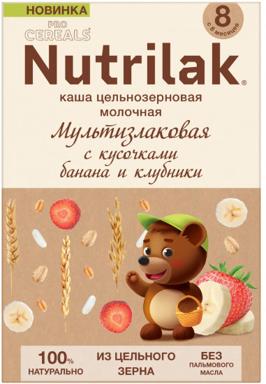 Каша цельнозерновая молочная «Мультизлаковая с кусочками банана и клубники»