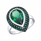 Кольцо из серебра с зеленым ситаллом и фианитами