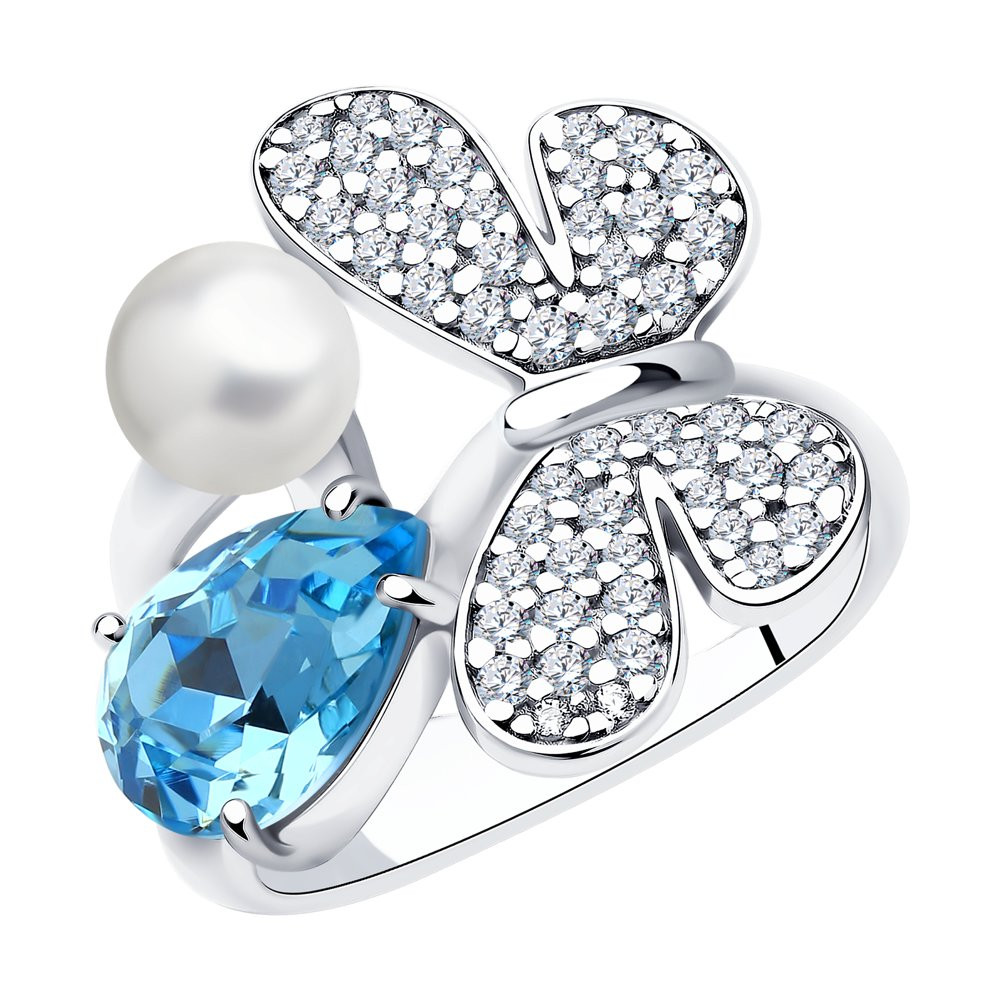 Кольцо из серебра с жемчугом Swarovski, кристаллом Swarovski и фианитами | SOKOLOV