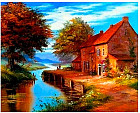 Холст с красками по номерам «Домик у тихой реки»