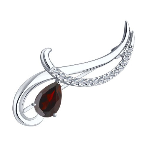 Брошь из серебра с гранатом и фианитами