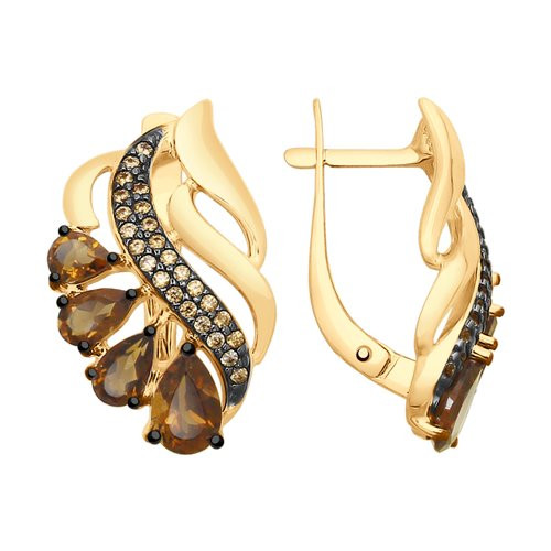 Серьги из золоченого серебра с раухтопазами и фианитами