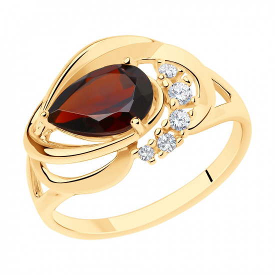 Кольцо из золоченого серебра с гранатом и фианитами