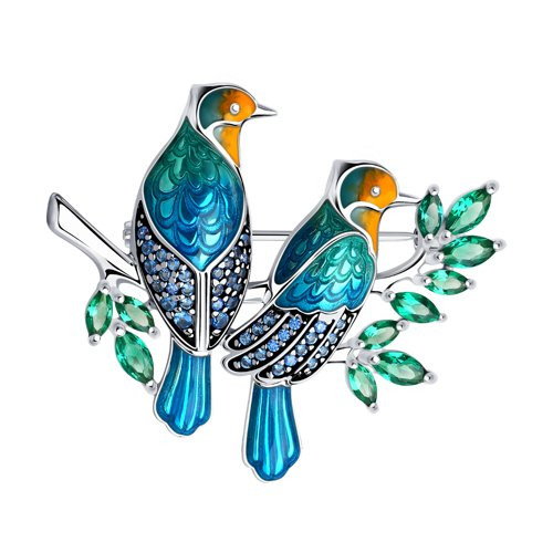 Брошь из серебра с эмалью с фианитами