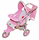 Коляска трехколесная  с сумкой и козырьком для куклы (розово-серебристая с яблочком) со светящимся логотипом