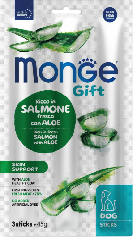Лакомство для собак со свежим лососем, алоэ и дрожжами «Skin support» | Gift | Monge