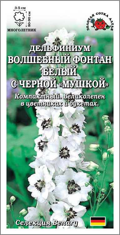 Дельфиниум «Волшебный фонтан белый с черной мушкой» | Золотая сотка Алтая