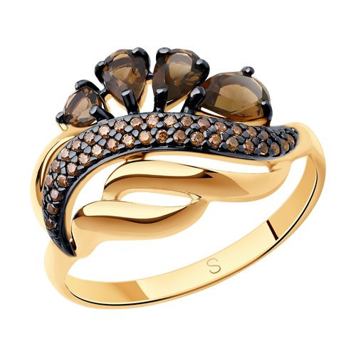 Кольцо из золочёного серебра с раухтопазами и фианитами