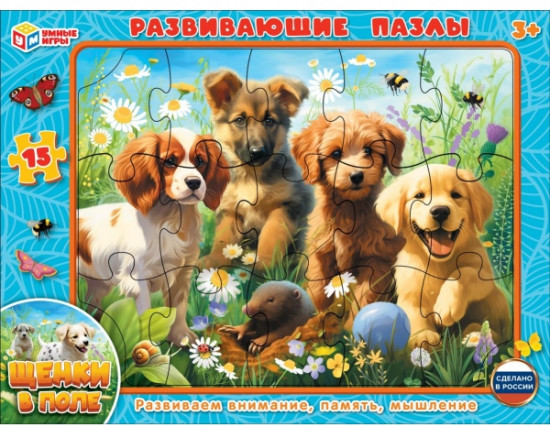 Пазлы в рамке «Щенки в поле»