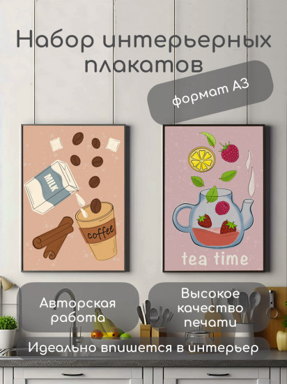 Набор интерьерных постеров для кухни «Чай» и «Кофе»