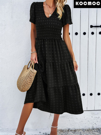 Повседневное однотонное платье с V-образным вырезом и короткими рукавами