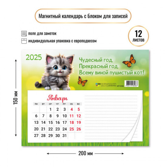 Календарь с блоком для записей на 2025 год «Кот» 