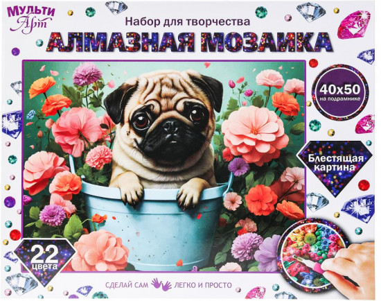 Мозаика алмазная «Мопс в цветах»