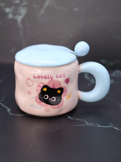 Кружка с крышкой и ложкой «Lovely cat, cherry»