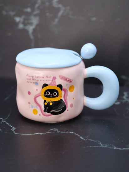 Кружка с крышкой и ложкой «Lovely cat, birthday»