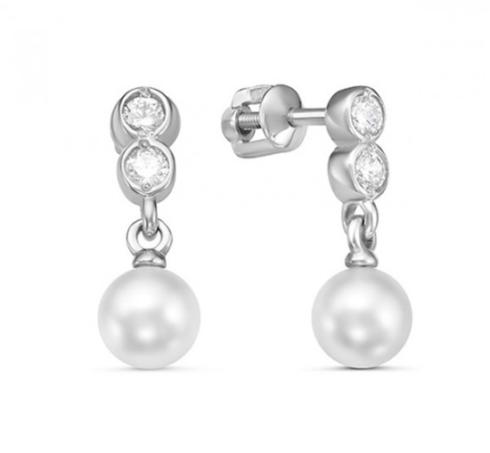 Серьги из серебра с фианитами и жемчугом