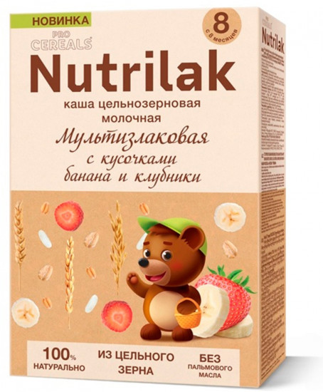Каша цельнозерновая молочная «Мультизлаковая с кусочками банана и клубники»