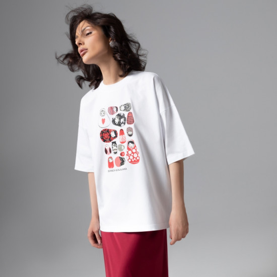 Футболка из хлопка Фэшн-идеал (белая с матрешками)