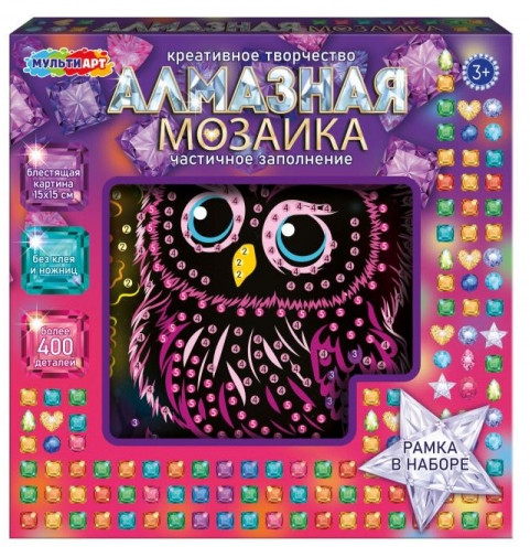 Алмазная мозаика на чёрном фоне «Совёнок»