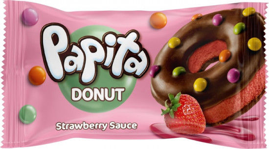Кекс с какао-глазурью, клубничной начинкой и цветным драже «Papita Donut»