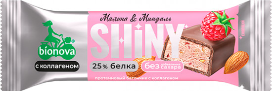 Батончик глазированный протеиновый с коллагеном Shiny «Малина и миндаль»