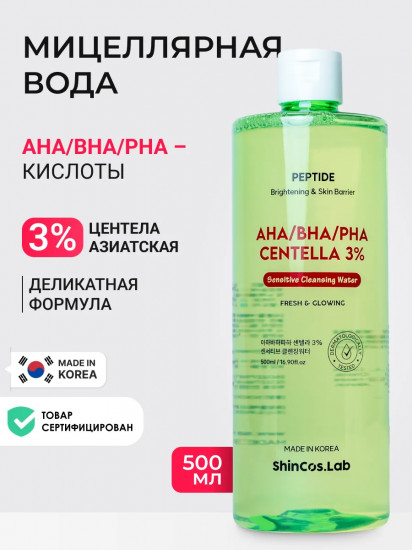 Мицеллярная вода с 3% экстракта центеллы азиатской и комплексом кислот «AHA, BHA, PHA Centella 3% Sensitive Cleansing Water»