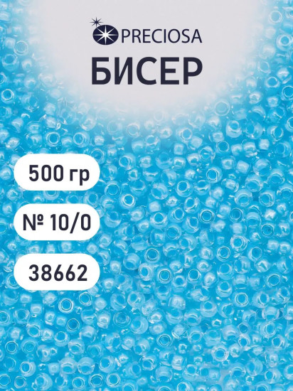 Бисер прозрачный с цветным центром и покрытием, цвет 38662 светло-бирюзовый