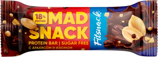 Батончик глазированный со вкусом арахиса и изюма «Mad Snack»