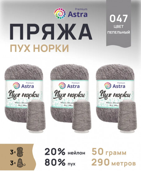 Набор пряжи вязания «Пух норки», цвет 047 пепельный