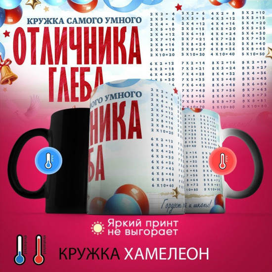 Кружка-хамелеон с принтом «Кружка отличника Глеба»