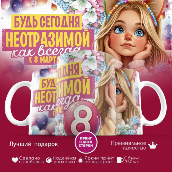 Кружка с принтом «Будь сегодня неотразимой, как всегда. С 8 марта»