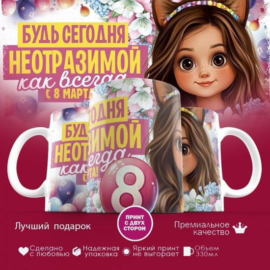 Кружка с принтом «Будь сегодня неотразимой, как всегда. С 8 марта»