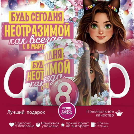 Кружка с принтом «Будь сегодня неотразимой, как всегда. С 8 марта»