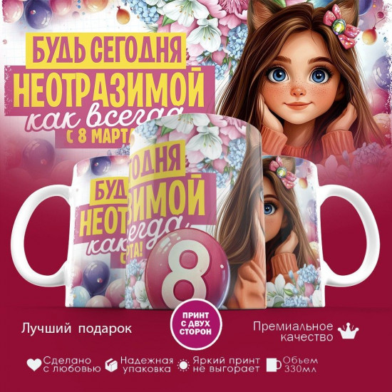 Кружка с принтом «Будь сегодня неотразимой, как всегда. С 8 марта»