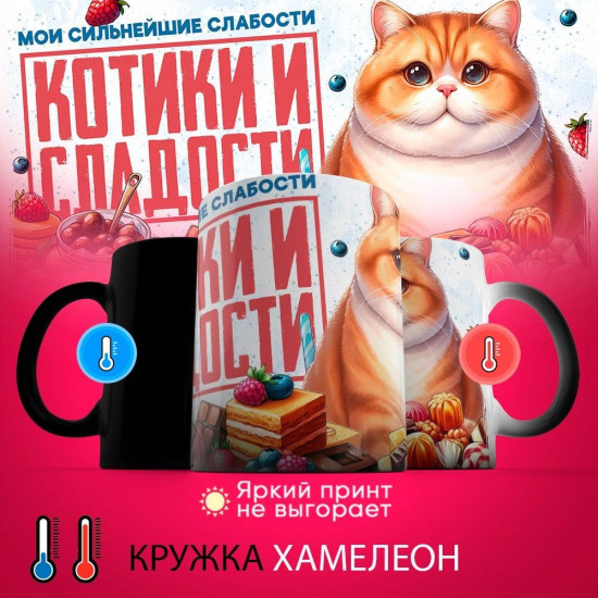 Кружка-хамелеон с принтом «Мои сильнейшие слабости — котики и сладости»