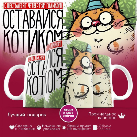 Кружка с принтом «С шестьдесят четвертым годиком! Оставайся котиком»