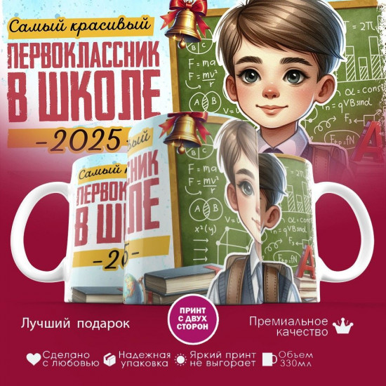 Кружка с принтом «Самый красивый первоклассник в школе 2025»