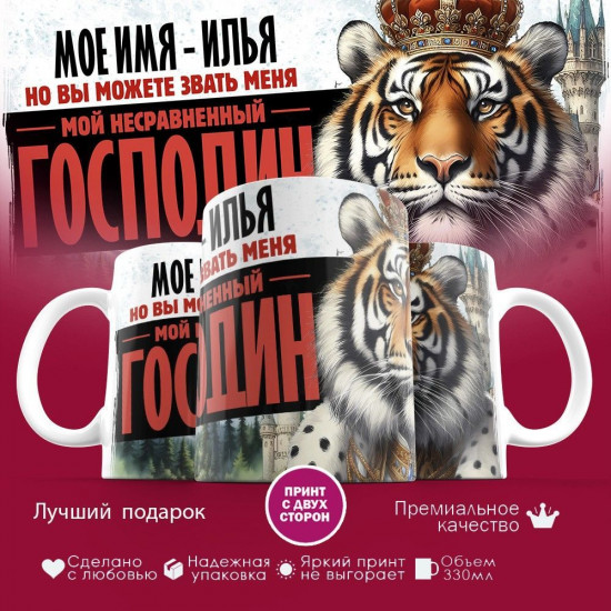 Кружка с принтом «Боженька решил меня испытать и послал мое имя — Илья»