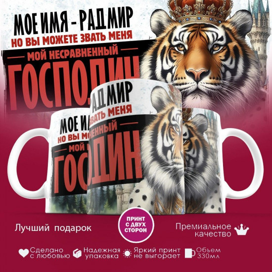 Кружка с принтом «Боженька решил меня испытать и послал мое имя — Радмир»