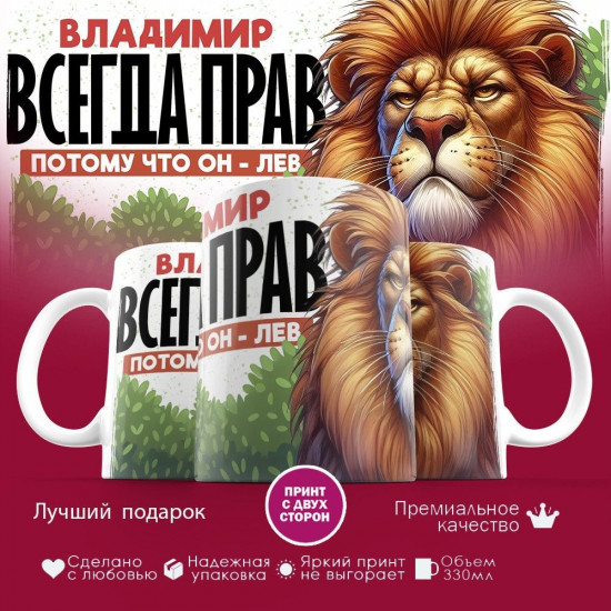 Кружка с принтом «Владимир всегда прав, потому что он лев!»